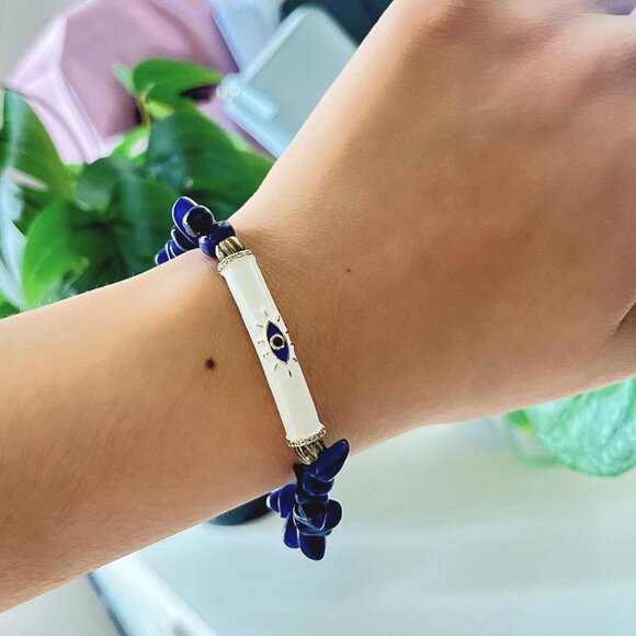 Blue And White Evil Eye Beaded Bracelet from Greece - Picture 2 of 2